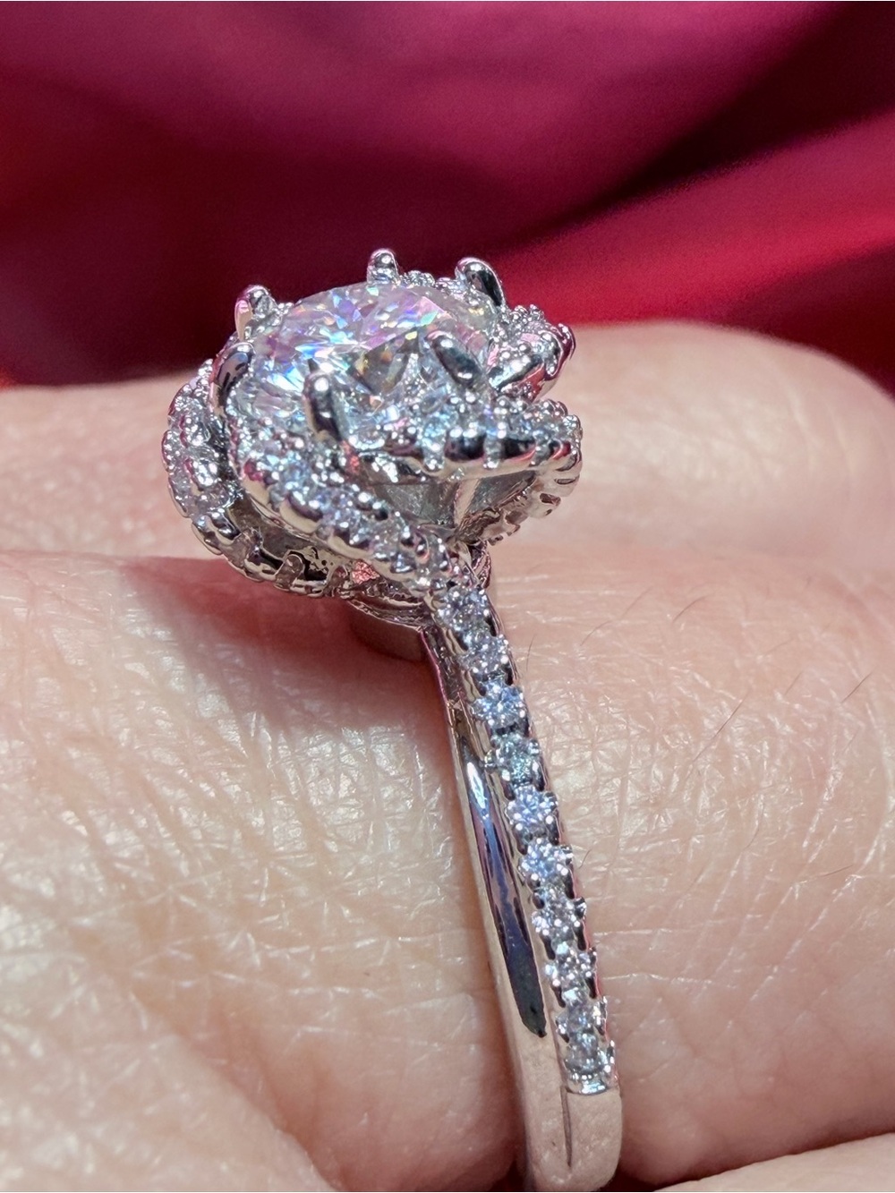 New 1 Carat Moissanite Ring with floral Halo accents and Pave' Band - Picture 11 of 13